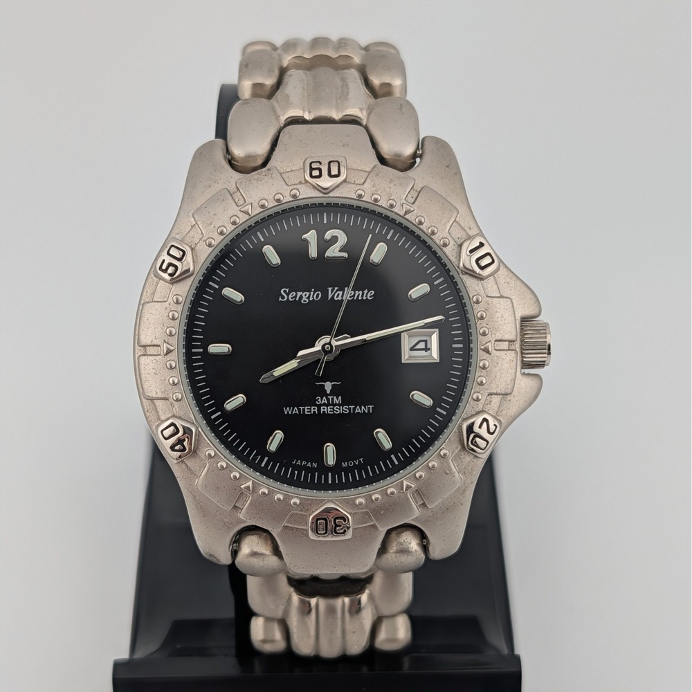 Vintage Sergio Valente Black Dial Date Watch Chunky Silver Tone Bracelet 40mm